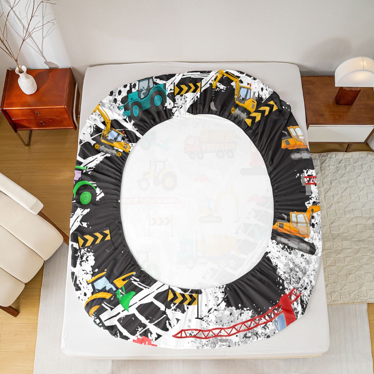 Manfei Cartoon Excavator Vehicle Bed Sheets,Equipment Truck Crane King Sheets,Retro Geometric Circle Sheet Set For Boys,Breathable Home Decor,4-Piece