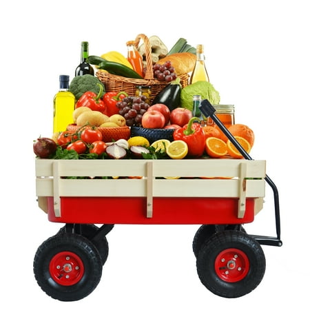Outdoor Sport Wagon Tools Cart Wooden Side Panels Air Tires Wagon (Red)
