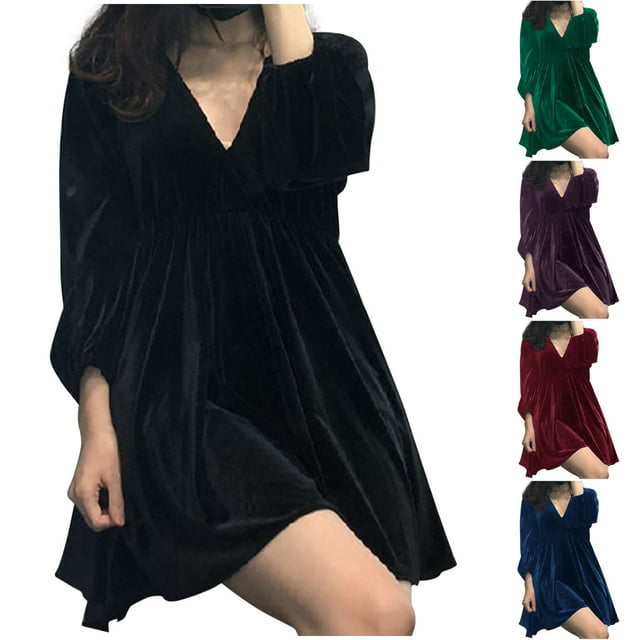 Gspmoly Robe d'Été, Robe Décontractée pour Femmes à la Mode, Col en V, Manches Longues, Robe en Velours Canari, Robe Longue à Taille, Robes de Travail pour Femmes, Offres Prime