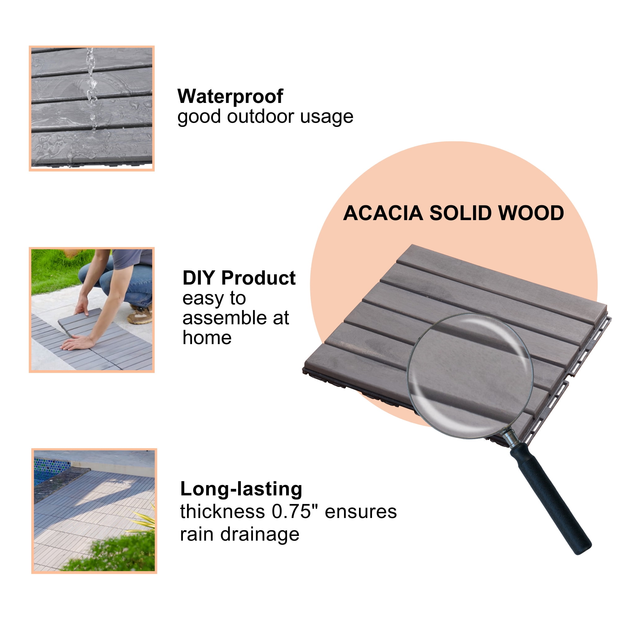 Miniyam 10 Pcs Interlocking Deck Tiles, 12x12 inch, Acacia Solid Wood, for Outdoor Balcony Garden, Light Gray