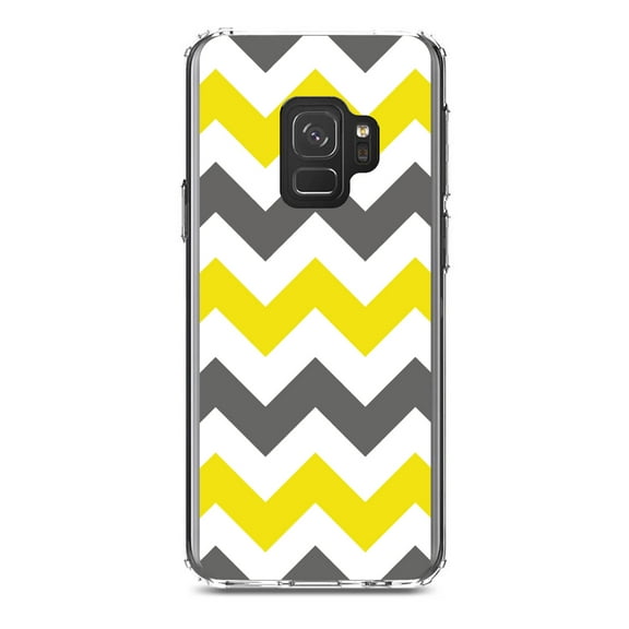 DistinctInk Clear Shockproof Hybrid Case for Samsung Galaxy S9 (5.8" Screen) - TPU Bumper, Acrylic Back, Tempered Glass Screen Protector - Grey Yellow Stripes - Stripes Pattern