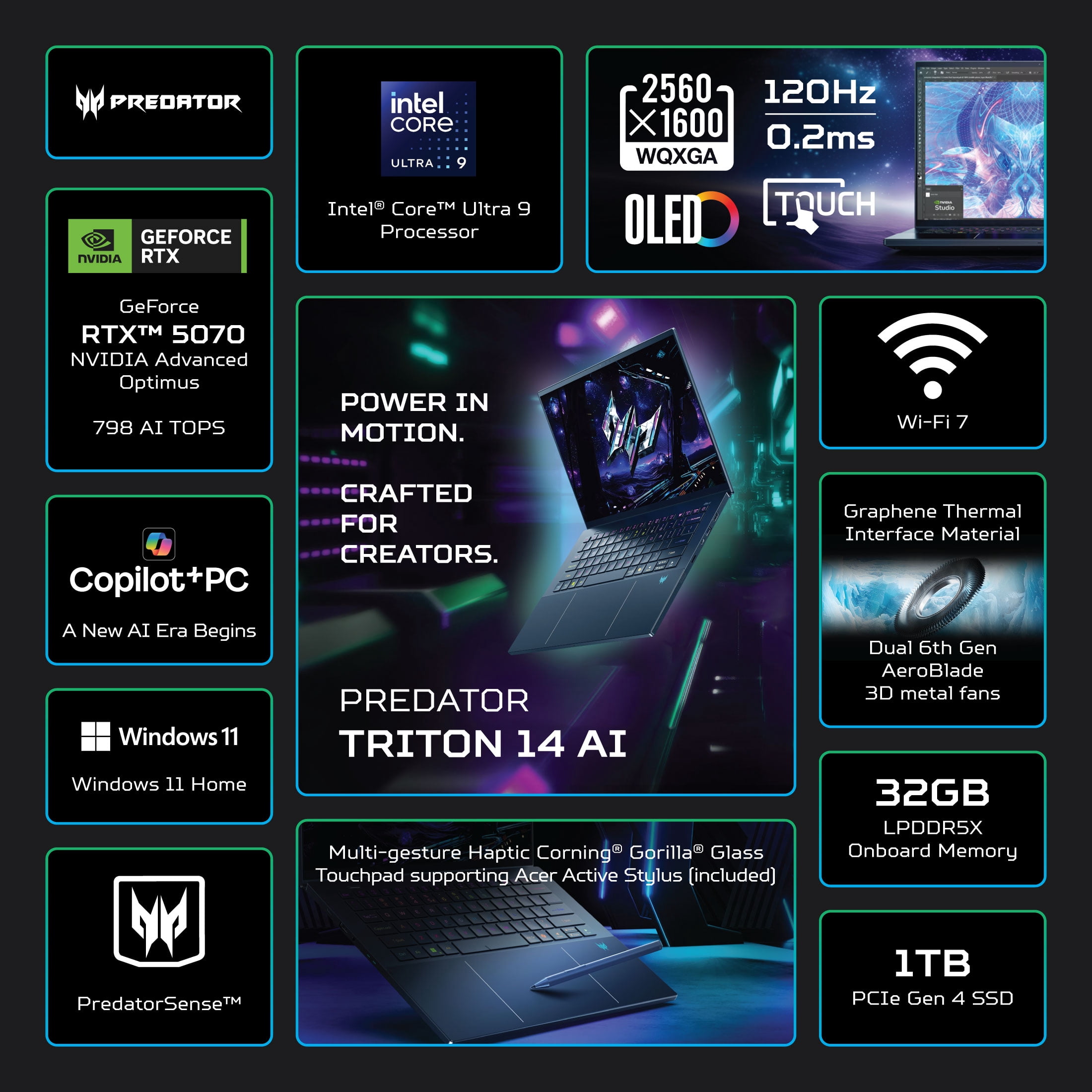 Acer Predator Triton 14 AI 14” WQXGA+ OLED 120Hz Gaming Copilot+ PC Laptop, Intel Core Ultra 9 processor 288V, NVIDIA GeForce RTX 5070 with 8GB GDDR7 VRAM, 32GB RAM, 2TB PCIe Gen 4 SSD, Black
