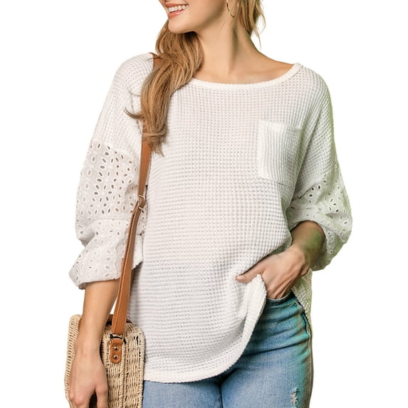 Doublju Women's Eyelet Yoke Pointed Sleeve Waffle Patterned Casual Top With Plus Size