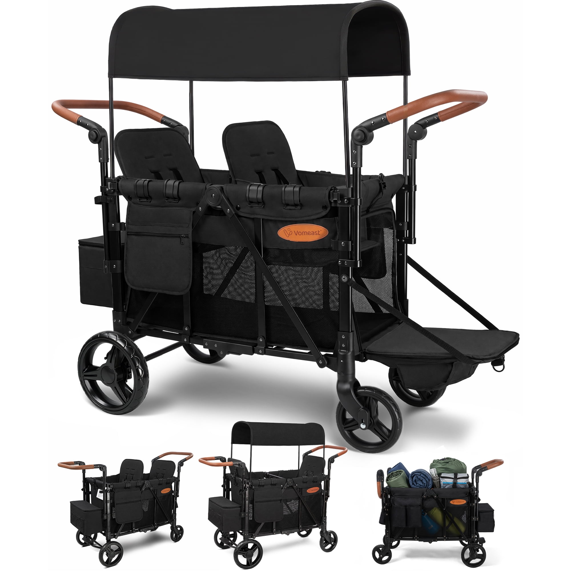 Vomeast Upgrade Wagon Stroller for 2 Kids, 2-Seater Outdoor Baby Stroller Wagon with Canopy, 5-Point Harness, Adjustable Handle(Black)