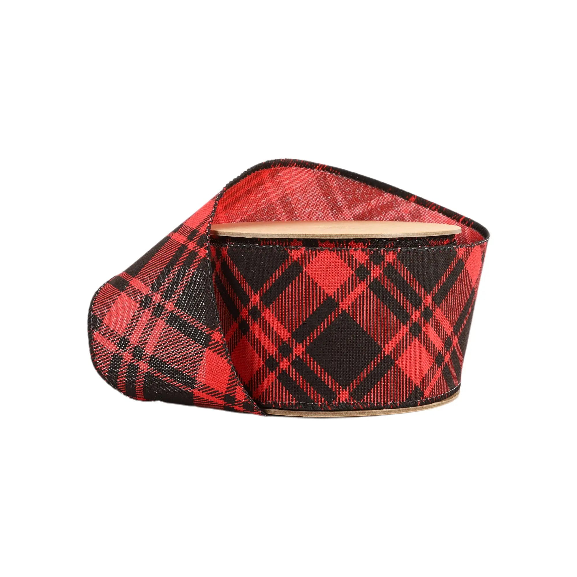 LaRibbons 2 1/2" Wired Ribbon, Printed Red/Black Bias Plaid, 10 Yard Roll