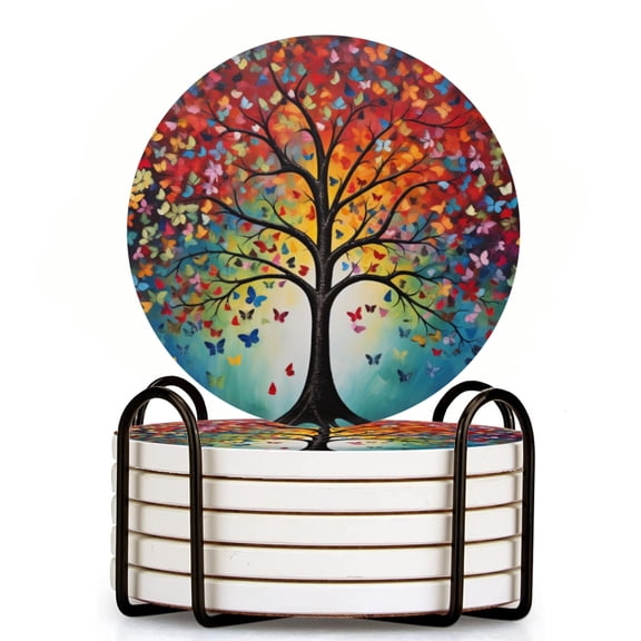 Tree With Colorful Leaves And Butterflies Set of 6 Ceramic Coasters with Holder, Absorbent Drink Bar Coasters, Table Coasters for Living Room Decor Tabletop Protection
