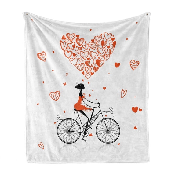 Valentines Soft Flannel Fleece Blanket, Girl Cycling with Big Heart Woman Love Romantic Day Celebration Life Print, Cozy Plush for Indoor and Outdoor Use, 60" x 80", Red Black White, by Ambesonne