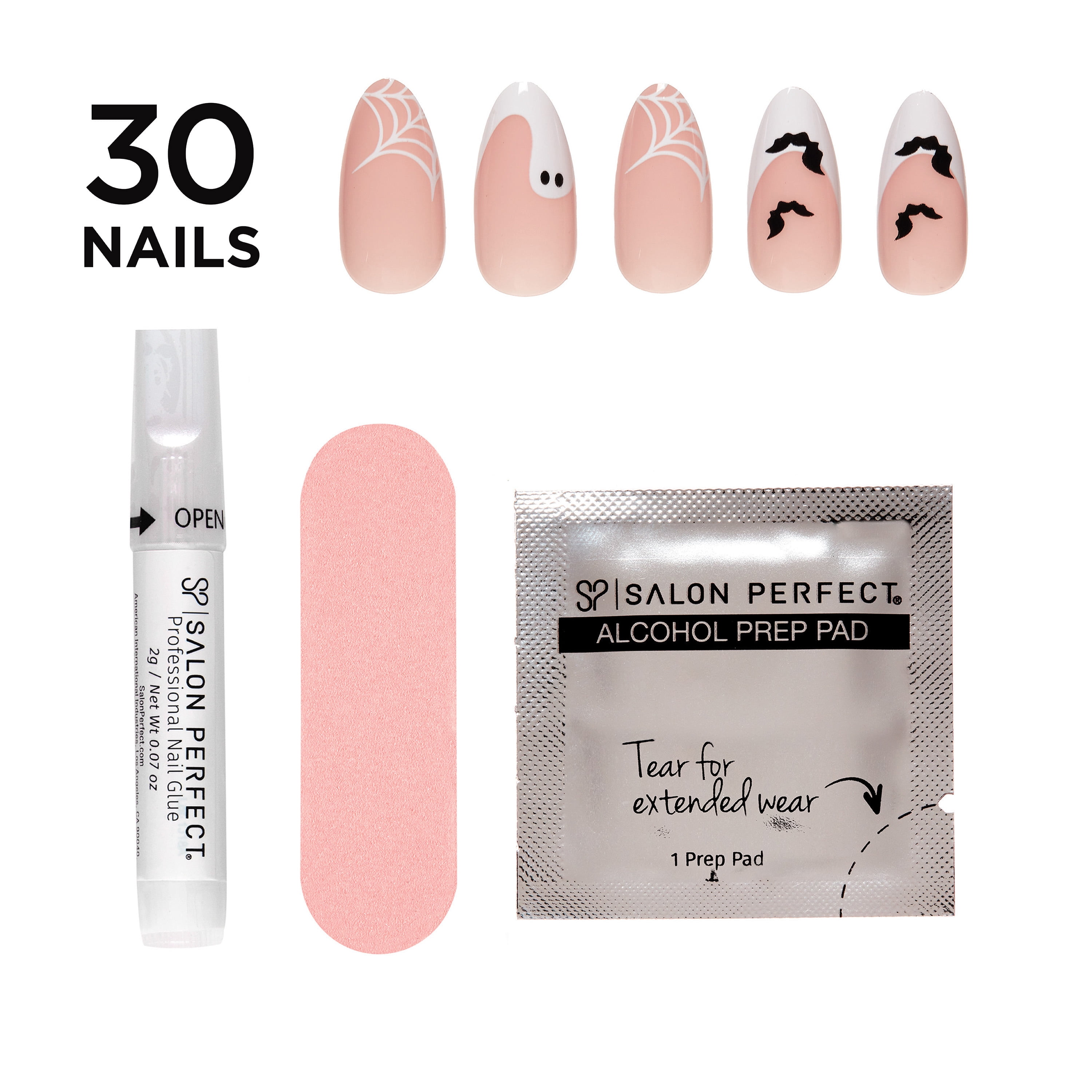Salon Perfect Halloween Thrill Short Almond Press-On Nails with Glue & File, White Ghost, 30 Pieces