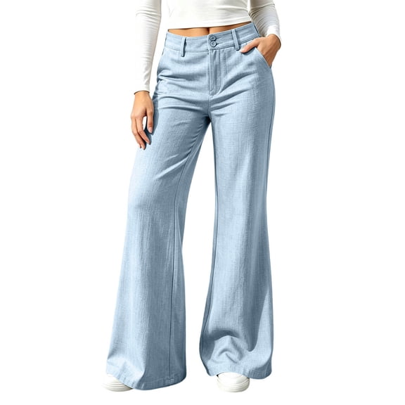 Sevevn Women's High Waist Flared Wide Leg Pants Double Button Closure Casual Trousers with Side Pockets Soft Washed Texture Versatile Daily Vacation Wear
