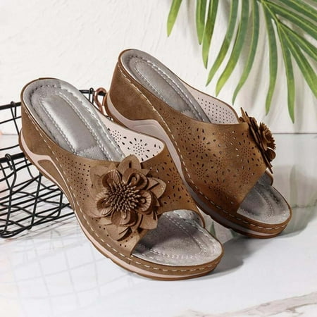 

Danhjin Slide Sandals for Women or Ladies Dressy Summer Casual Cute Tie Knot On Top Strap Comfy Slip On Cork Foot Bed Flat Low Wedge Platform Slides for Beach Pool- Summer Savings Clearance