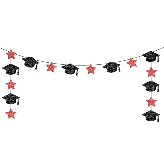 Graduation Garland Banner, Black and Red Glitter Grad Cap and Star, Party Decoration