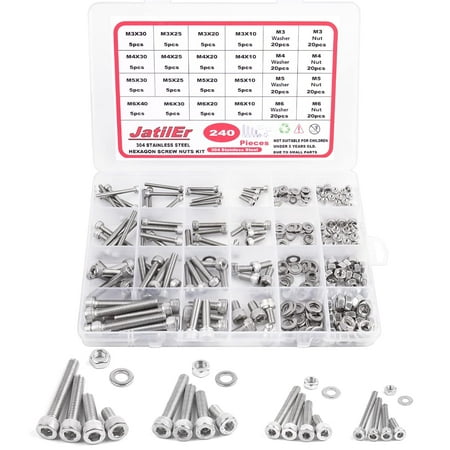 

240 Pcs M3 M4 M5 M6 Hexagon Socket Bolts and Nuts Set 304 Stainless Steel Hex Socket Head Cap Screws and Washers Set Mechanical Hexagon Screws Nuts Assort Kit for Auto Furniture Industrial