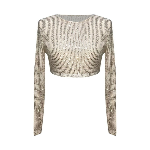 TODOZO Womens Basic T Shirts Summer Tops 2025 Crop Long Sleeve Slim Fit Tee Cute Gym Workout Clothes Sequin Top Glitter Club Jumper Long Sleeve Crew Neck Crop Top Skinny Top Sparkly Crop Tee