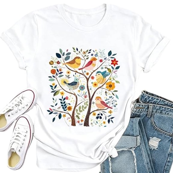 Bibifish Womens Tees Crew Neck Short Sleeve Vintage Style Bird Graphic T-Shirts Casual Outings Summer Street Style Tee Tops