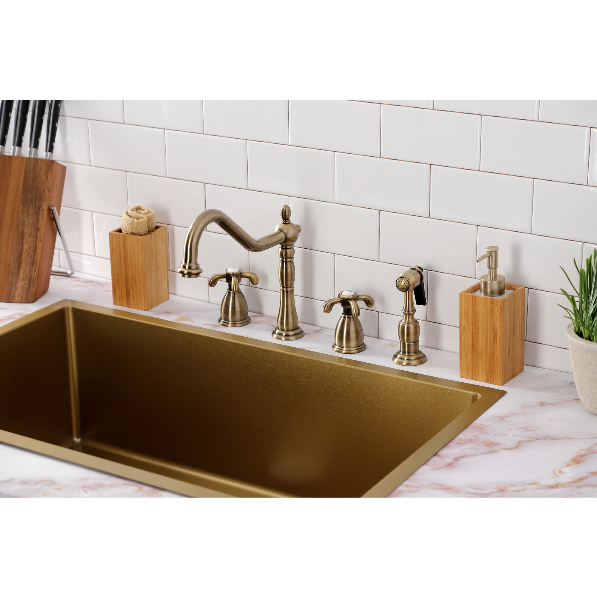 Kingston Brass KB1793TXBS French Country Double-Handle Widespread Kitchen Faucet with Brass Sprayer, Antique Brass