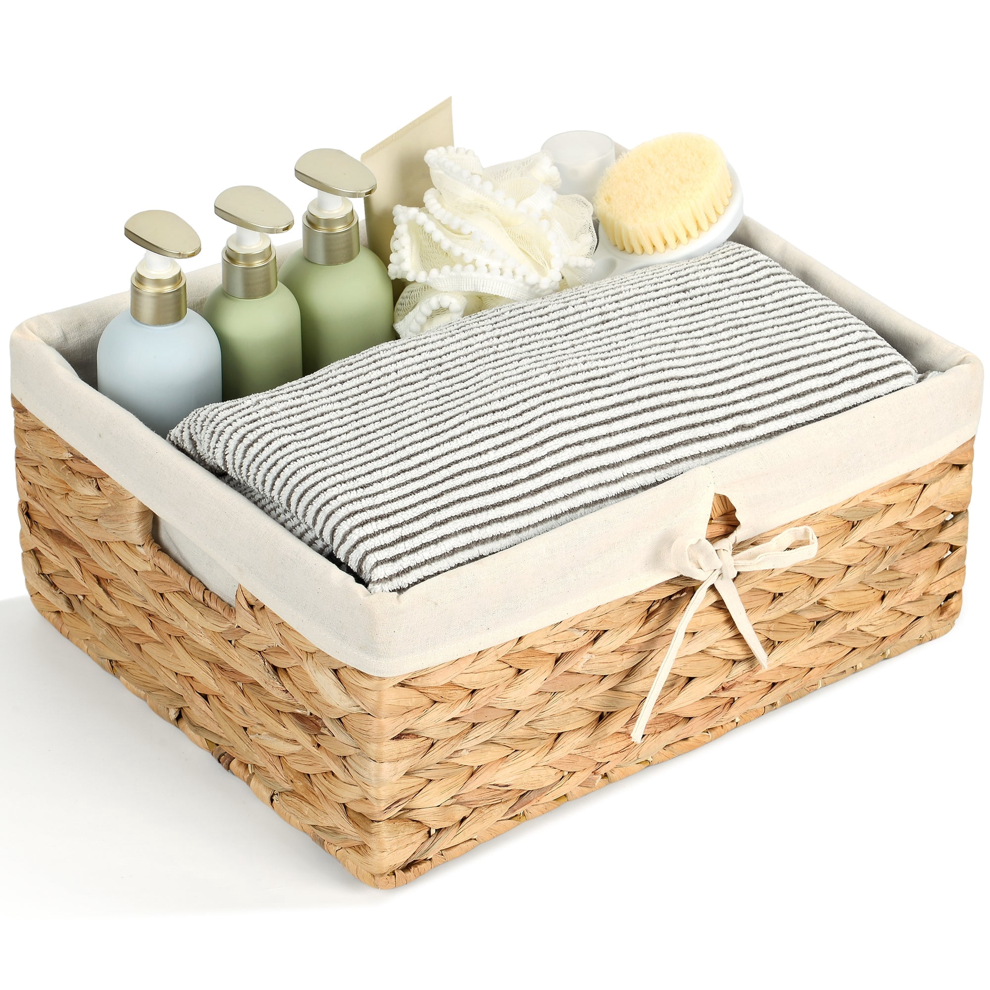 Storage Standard Large Rectangular Water Hyacinth Storage Basket with Cotton Liner, 15" x 12" x 6" Built-In Handles, Natural Woven Shelf Organizer for Pantry, Closet, Living Room
