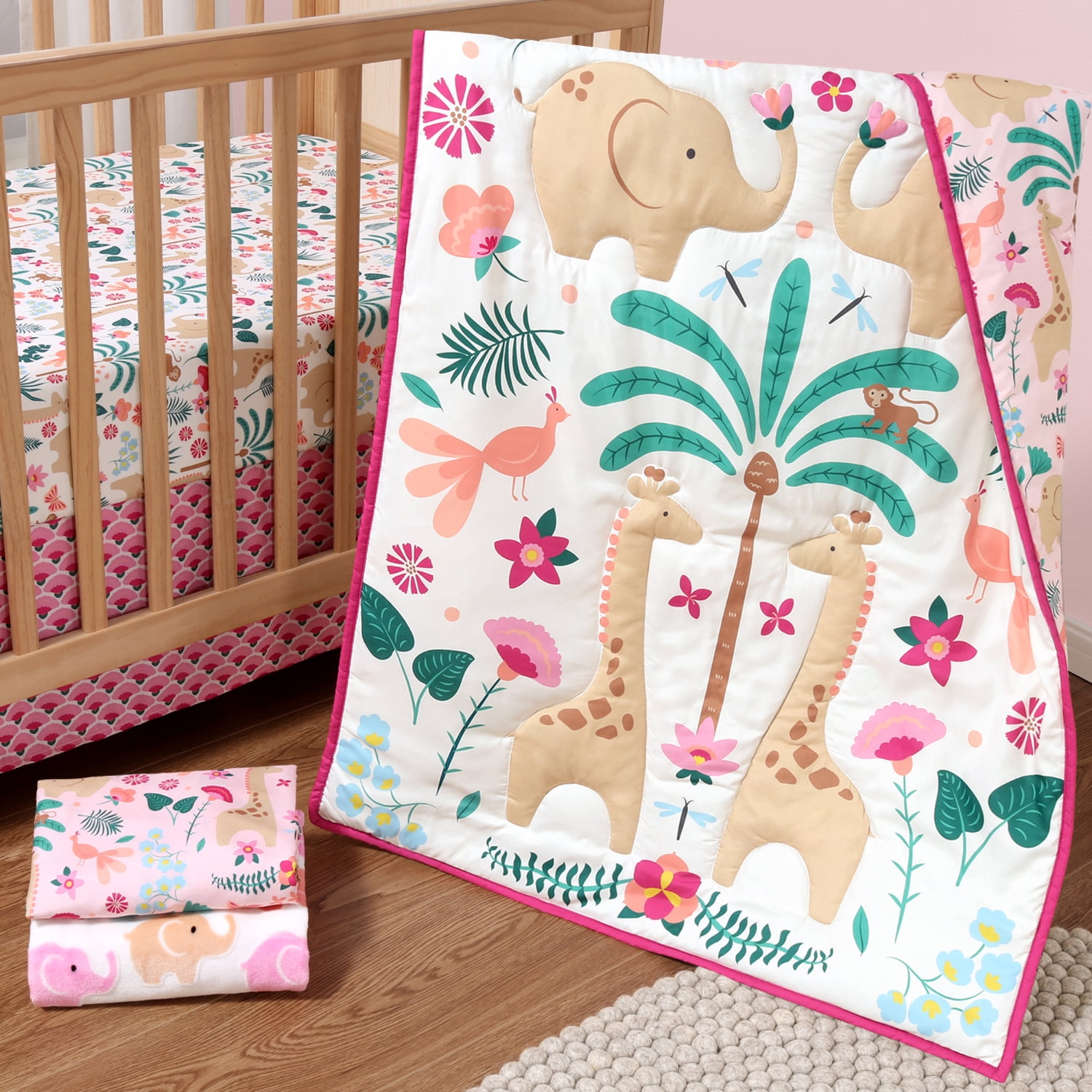 The Peanutshell Crib Bedding Set for Baby Girls, Bright Safari, 5 Pieces