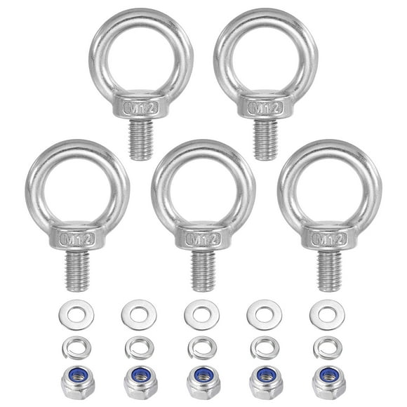 Unique Bargains M12 x 20mm Lifting Shoulder Eye Bolt 304 Stainless Steel Lifting Ring Threaded Eyebolt with Nuts and Washers 5Pcs