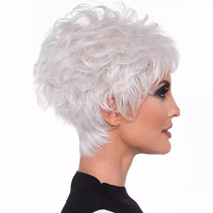 Women's silver-white short hair wig - oblique bangs reversed design, fashionable and natural