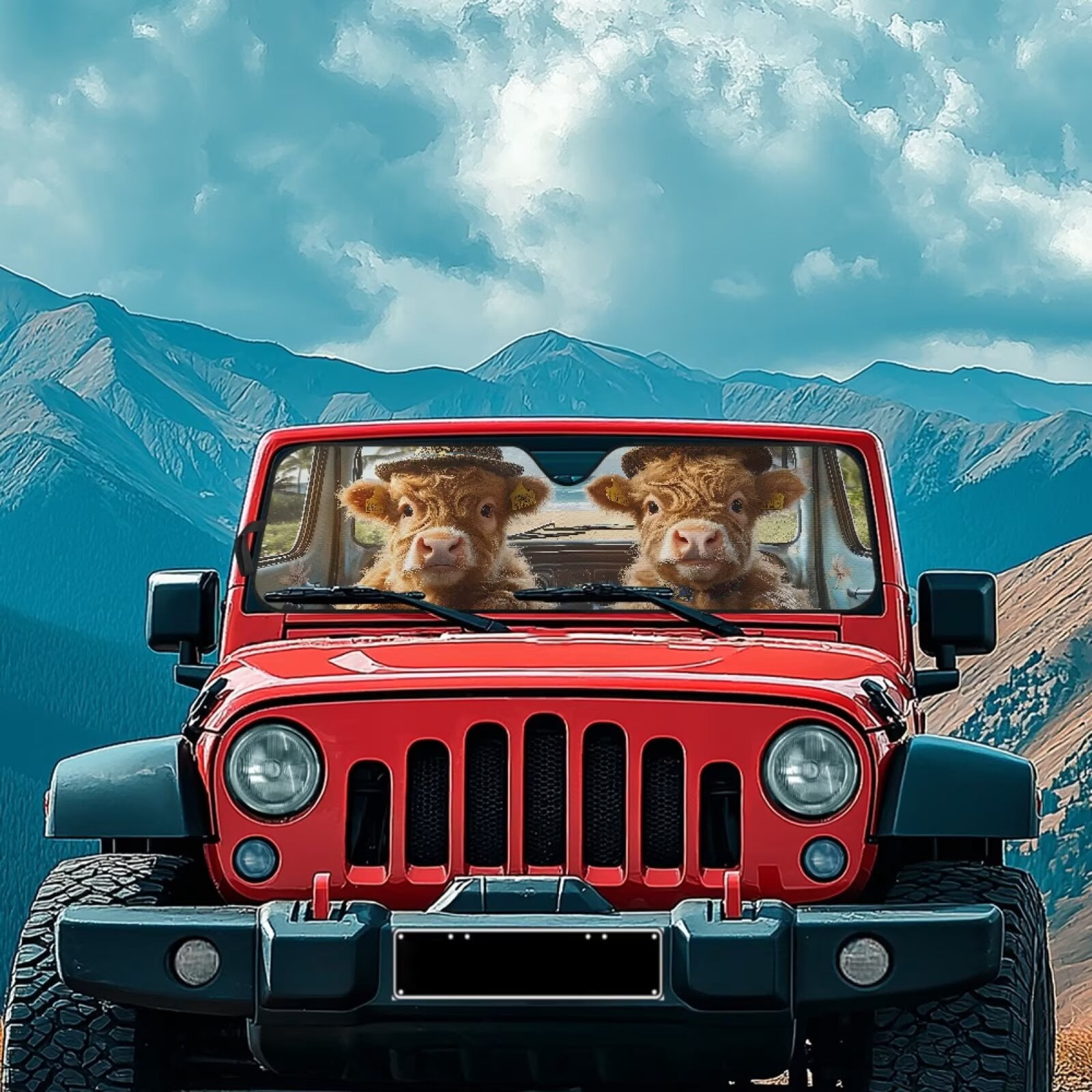 Uorisanigo Windshield Sun Shade, Car Sun Shade，52.95 in *16.14 in, Compatible with 2007-2024 Wrangler Rubicon Sahara TJ JK JKU 2 & 4 Door, Baby Highland Cow Print