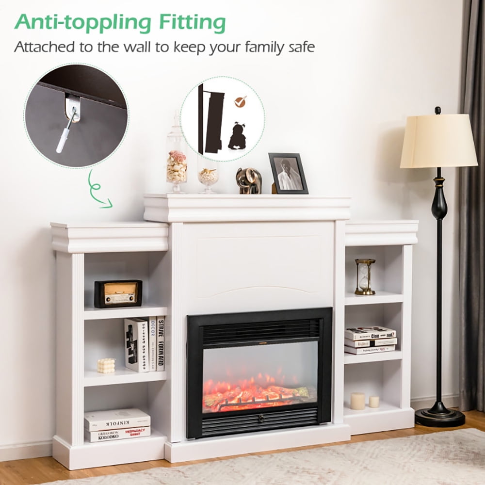 Finihen TV Stand, TV Cabinet, 70 Inch Modern Fireplace Media Entertainment Center with Bookcase, Media Entertainment Center with Storage, for Living Room, Bedroom, White