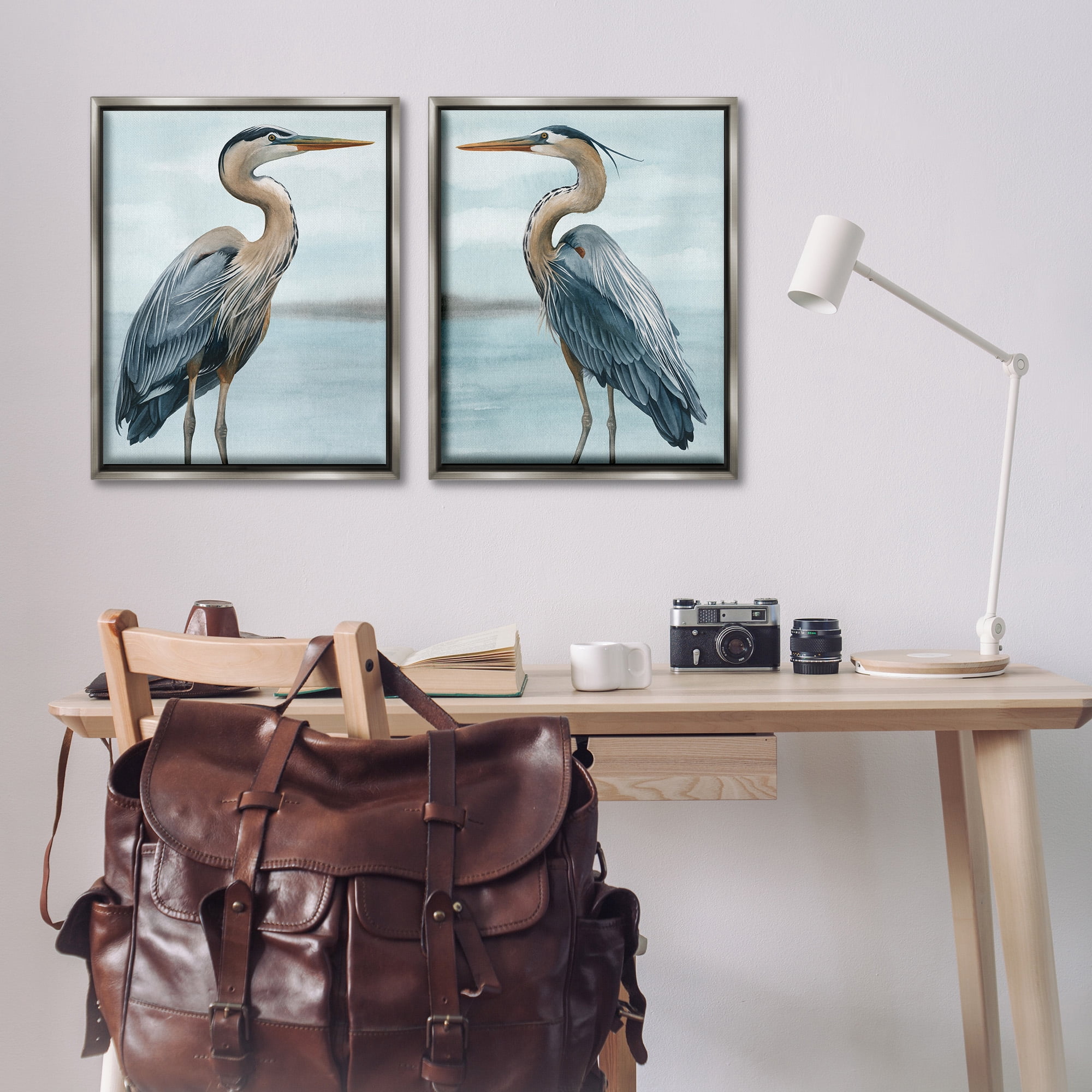 Stupell Industries Detailed Heron Bird Duo Animals & Insects Painting Gray Floater Framed Canvas Art Print Wall Art, 25 x 31, Set of 2