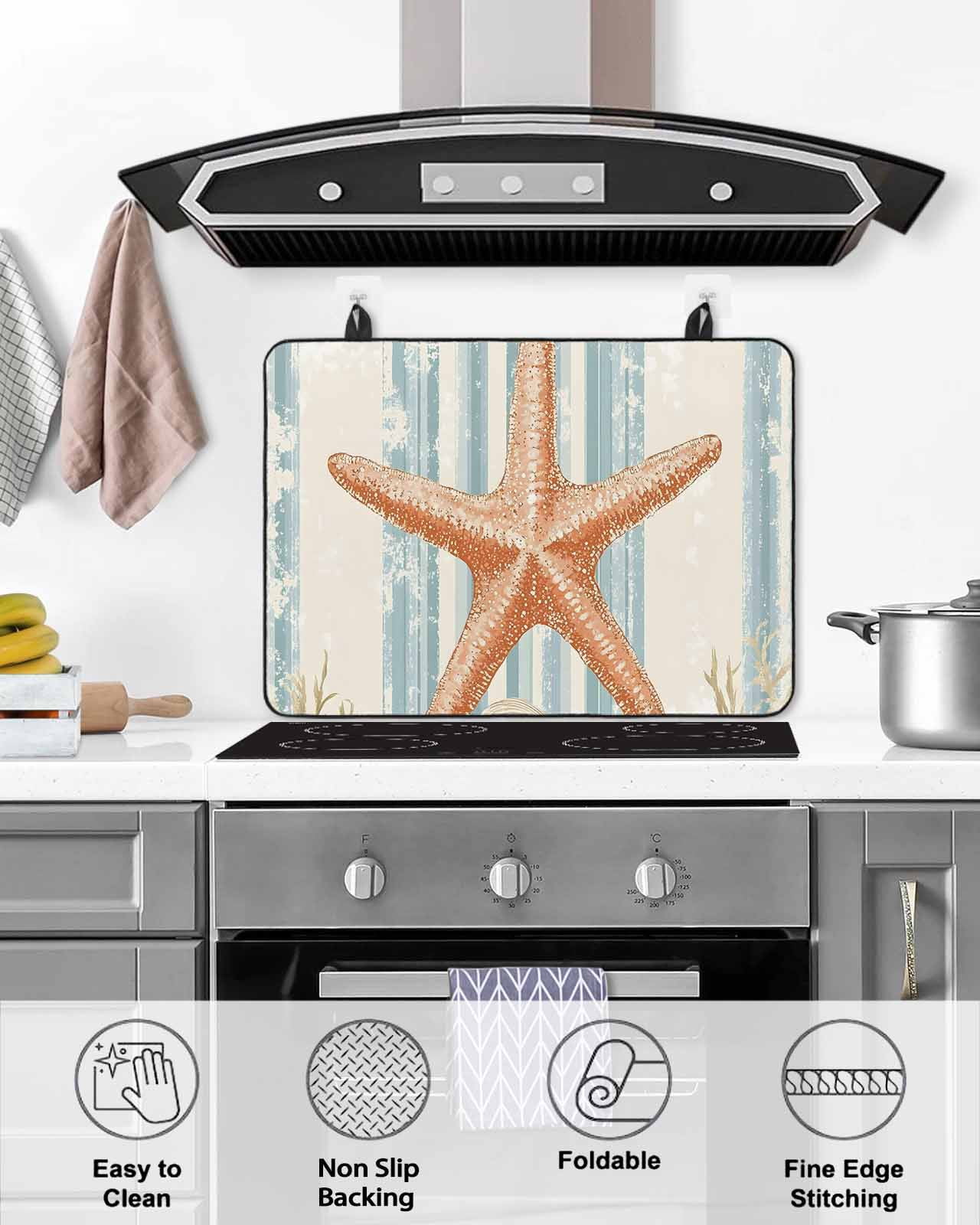nqOlkjepod Large Induction Cooktop Protector Mat 36"x21", Coastal Starfish Stove Top Covers for Electric Stove, Ocean Watercolor Coral Stripe Stove Burner Cover Mats, Glass Top Stove Cover