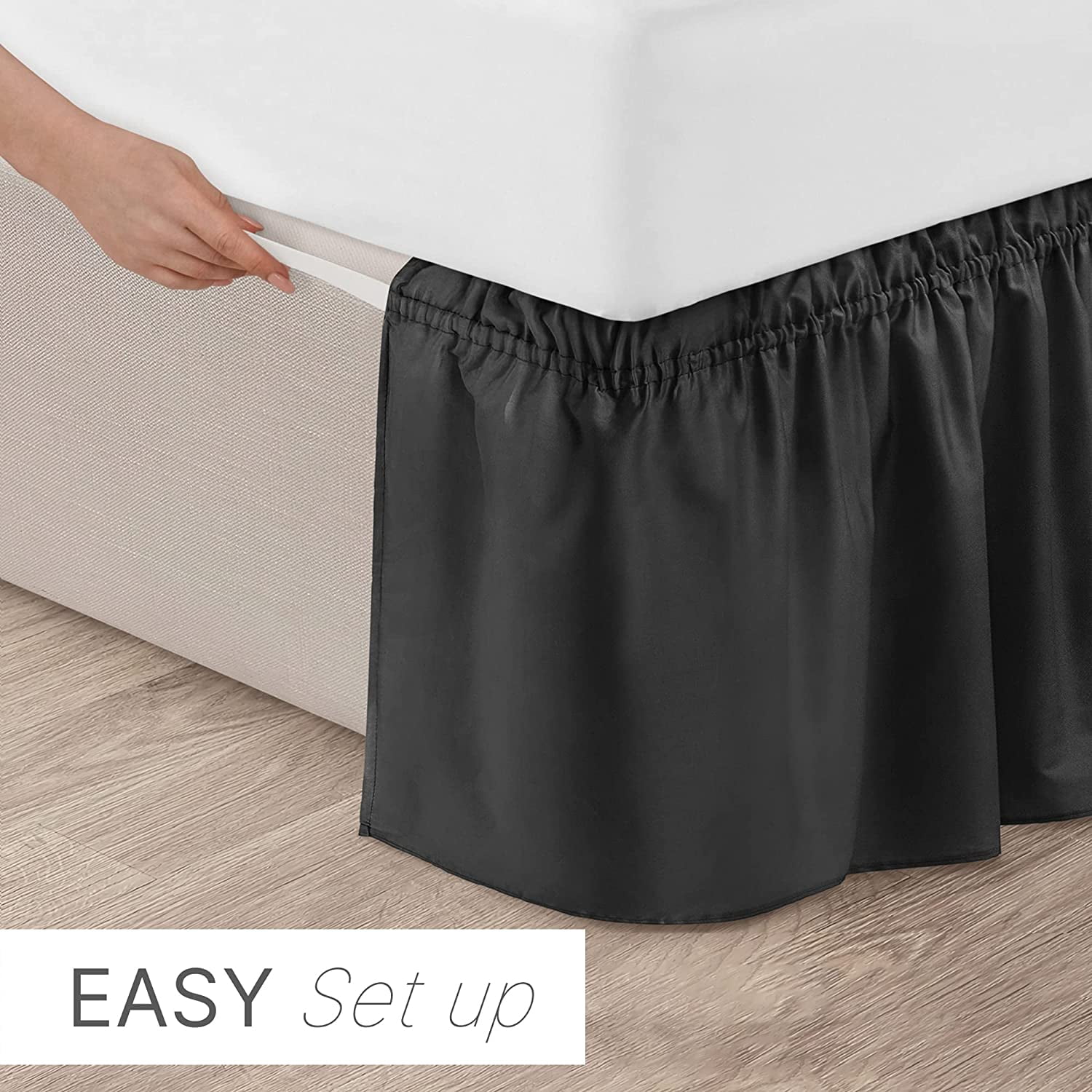 CGK Linens Wrap Around Dust Ruffle Bed Skirt - For King Size Bed With 15 Inch Drop, Easy Fit Elastic Strap - Pleated Bedskirt, Black