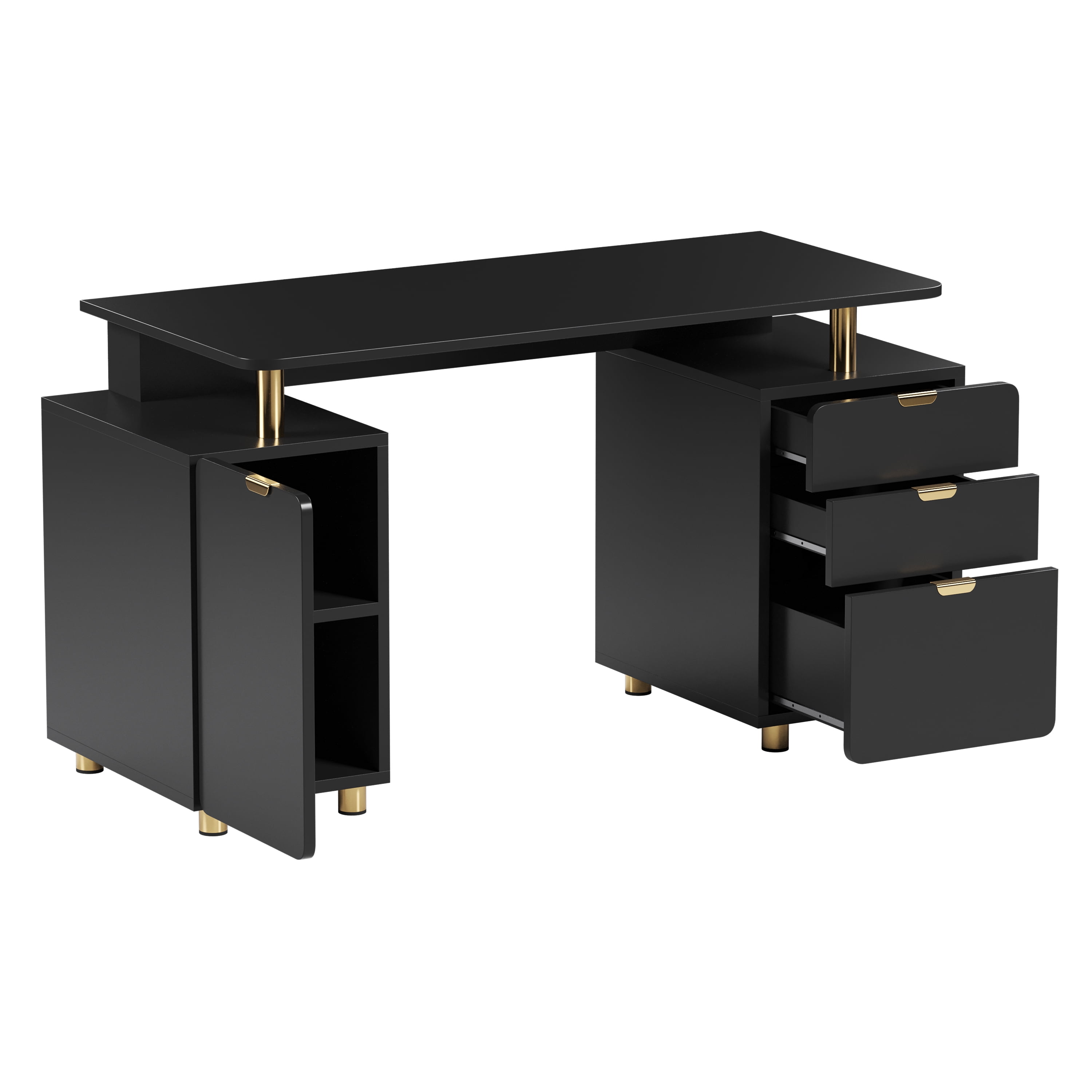 56.75" W Elegant Executive Desk with 3 Drawers and Storage Cabinet, Modern Office Desk with Gold Accents, Floating Work Surface, Closed Storage with Ventilation & Adjustable Shelf, Black & Gold