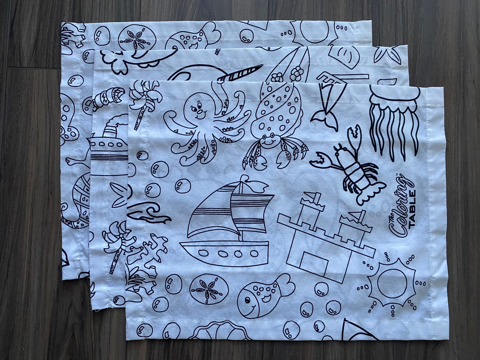 The Coloring Table - Oceantime Fun Design – Set of 8 Placemats (14"x18") - Fabric Coloring Placemats - Colorable Designs – Washable and Reusable – Coloring Activity for Children and Adults