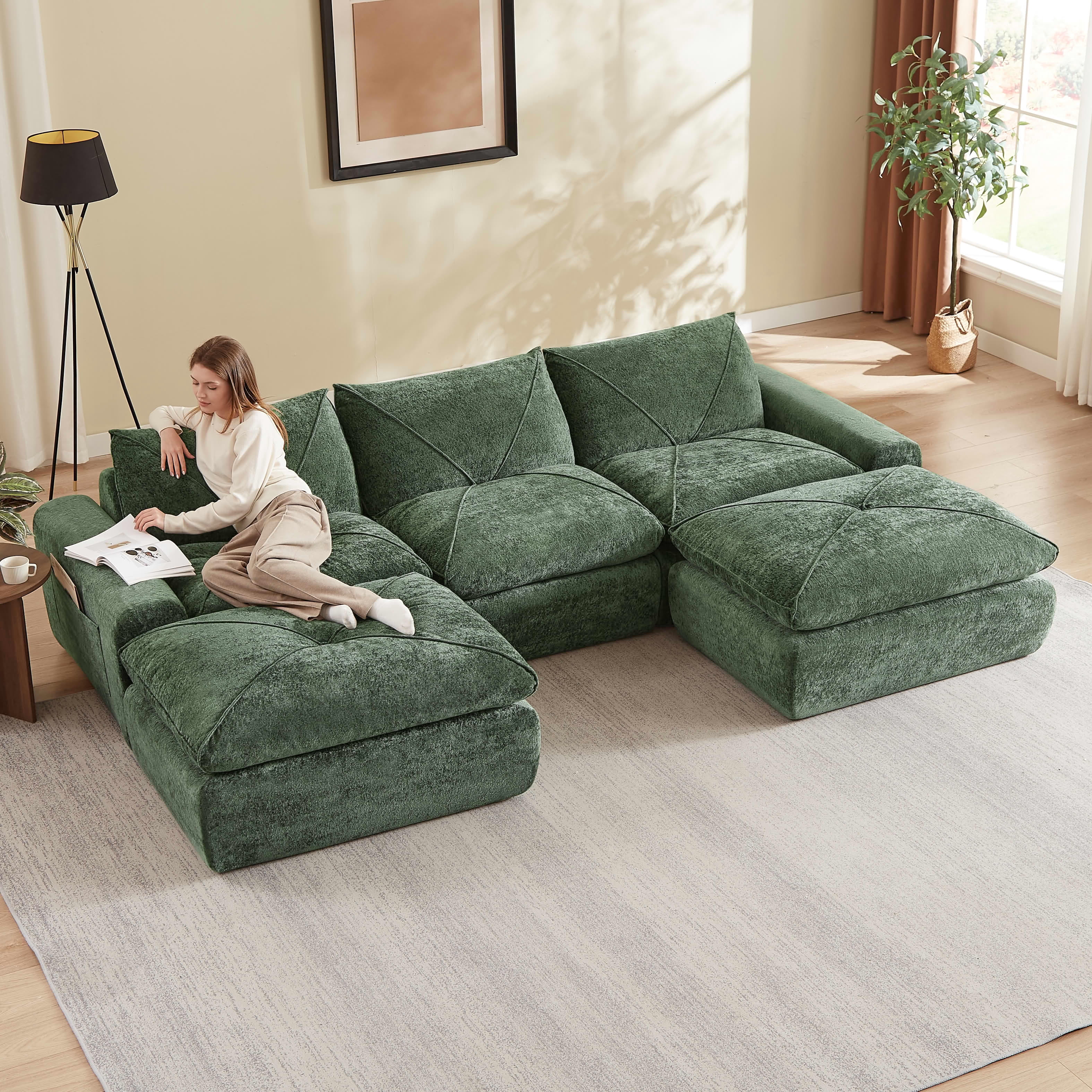 MAYEERTY 119" Green Chenille U-Shaped Modular Sectional Sofa, Spring Support for Living Room Apartment