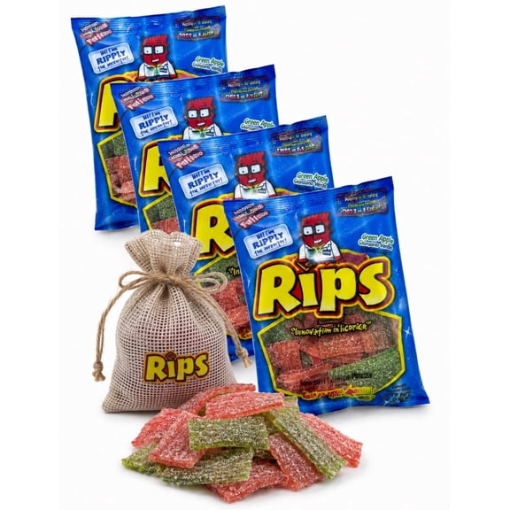 Rips Licorice Candy Sweet & Sour Strawberry Green Apple Flavored 4 Peg Bags 3.5 Oz