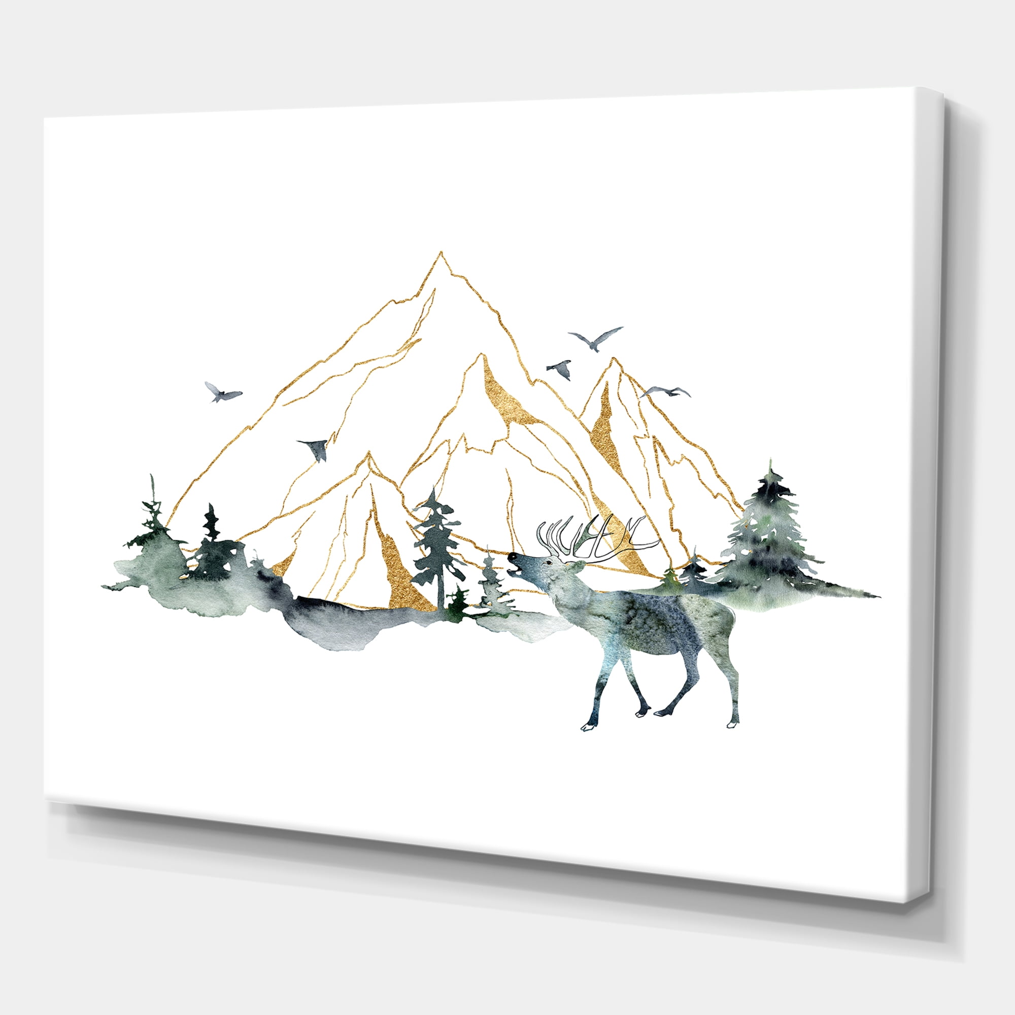 Designart ' Minimalistic Landscape of Forest Deer and Mountains ' Modern Canvas Wall Art Print