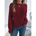 thumbnail image 3 of Womens Crochet Hollow Out Sweater Top Long Sleeve Crew Neck Knit Pullover Fall Casual Winter Shirt Wine Red S, 3 of 7