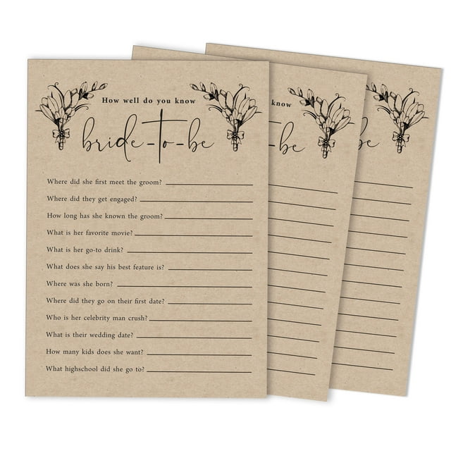 Inkdotpot 50-PackRustic Kraft PaperWho Know The Bride Best How Well Do You Know The Bride Bridal Shower Bachelorette PartyGameActivityCards