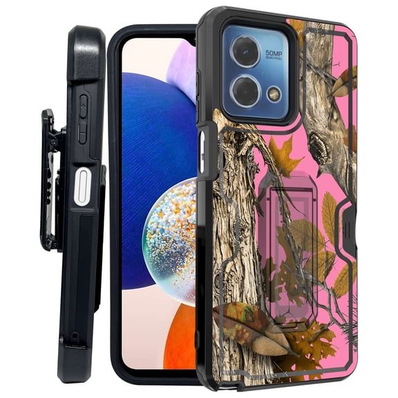 ANJ  Rugged Shockproof Kickstand Hybrid Case with Card Slot and Holster   Tempered Glass Cover for Motorola Moto G Stylus 5G (2023) - Pink Tree Camo