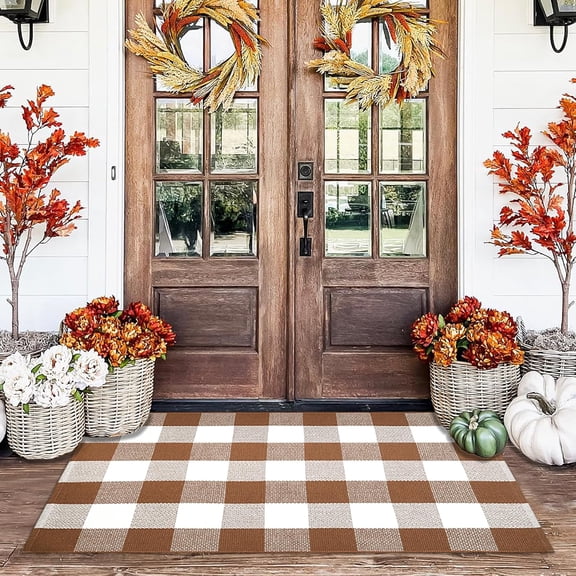 Buffalo Plaid Outdoor Rugs, 28'' x 43'' Coffe and White Checkered Area Rug, Layering Rug for Hello/Welcome Door Mat, Washable Cotton Woven Farmhouse Mat for Front Porch Décor
