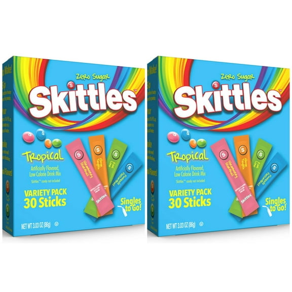 Skittles Singles To Go Tropical Flavors Variety Pack, 2 Packs, Powdered Drink Mix, Includes 4 Flavors, Strawberry Starfruit, Mango Tangelo, Kiwi Lime, Pineapple Passionfruit, 60 Count