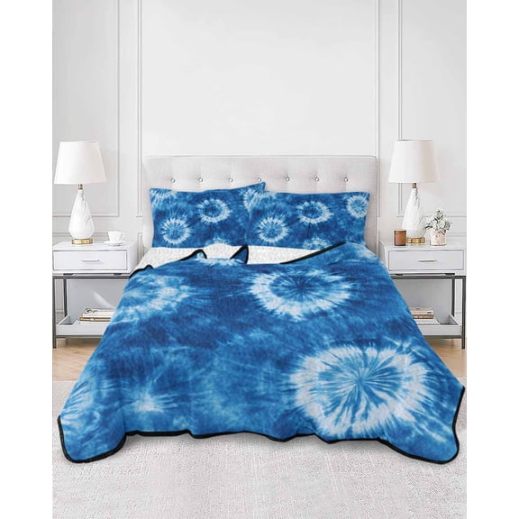Quilts King Size, Blue Tie Dye Soft Comforter Bedding Set for Bed, Boho Ethnic Abstract Ombre Pattern Art Lightweight Quilted Bedspread with Pillow Cover(2 Pieces) for All Season, 96x106 Inch
