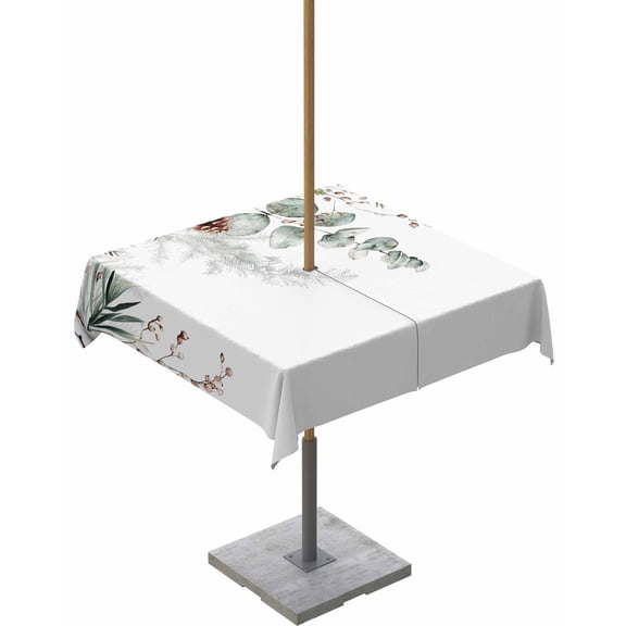 Fsddascl Christmas Botanical Outdoor Tablecloth - 60x60 Inch Square Dining Table Cover, Eucalyptus Leaves Xmas Pinecone Cotton Waterproof Outdoor Table Cloth with Umbrella Hole & Zipper for Patio