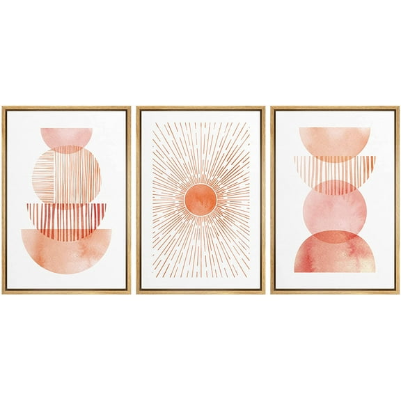 wall26 Framed Wall Art Print Set Boho Orange Watercolor Shining Sun and Semi Circles Abstract Shapes Illustrations Modern Bohemian Colorful Warm for Living Room, Bedroom, Office - 24"x36"x3
