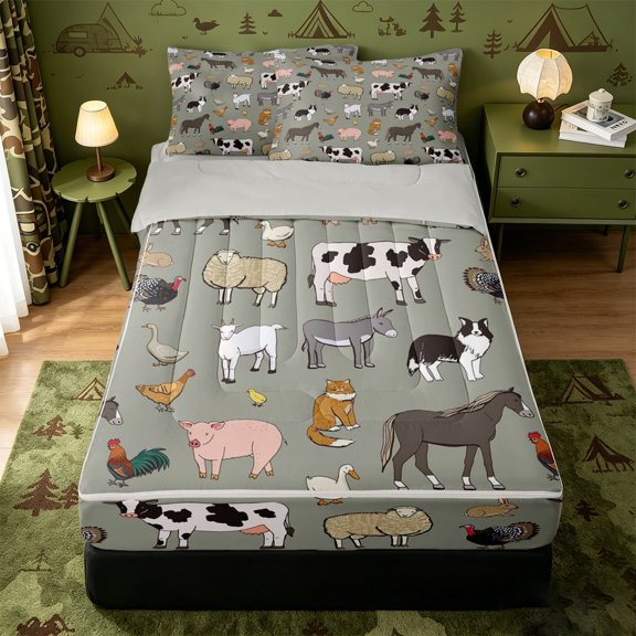 Erosebridal Cartoon Farm Animal Zipper Twin Comforter Sets with Fitted Sheet and 2 Pillowcases,Cue Cow Pig Sheep Zipper Bedding Set For Girls,Light Gray Reversible,4pcs