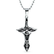 Biker Jewelry Royal Sword & Angel Wings Cross Pendant Necklace for Mens Teen Black Oxidized Silver Tone Stainless Steel