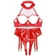 thumbnail image 4 of Conjunto de sujetador y ropa interior para mujer, sujetador con aros y remaches, top corto de charol con copa abierta, bragas sin entrepierna y ligas, 4 of 5
