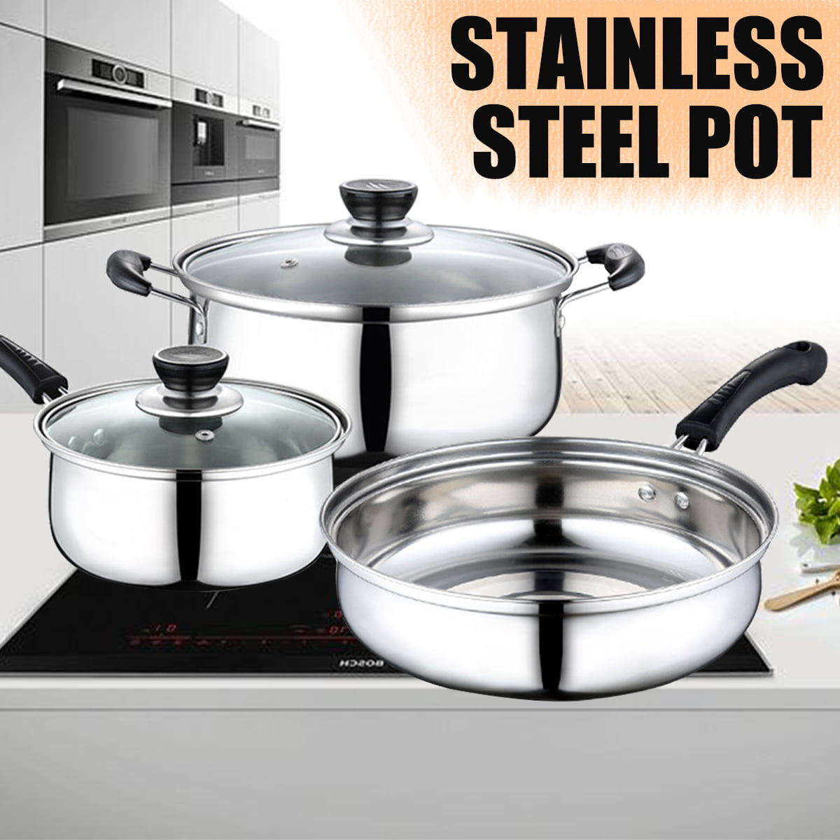 3-Piece 410 Stainless Steel Polish Cookware Set Cookinr Fry Pots & Pans 