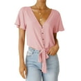 thumbnail image 1 of Women Buttons Down V Neck Short Sleeve Knotted Solid Color Shirt, 1 of 4