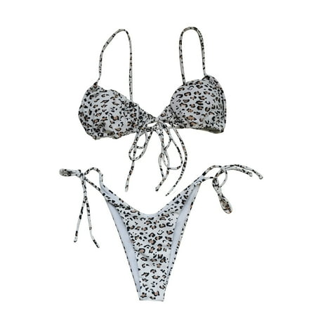 Wiueurtly Bikini Sets for Women Two Piece High Cut Halter Tie Side Thong Swimsuit String Triangle Bikini Swimsuits White Brown