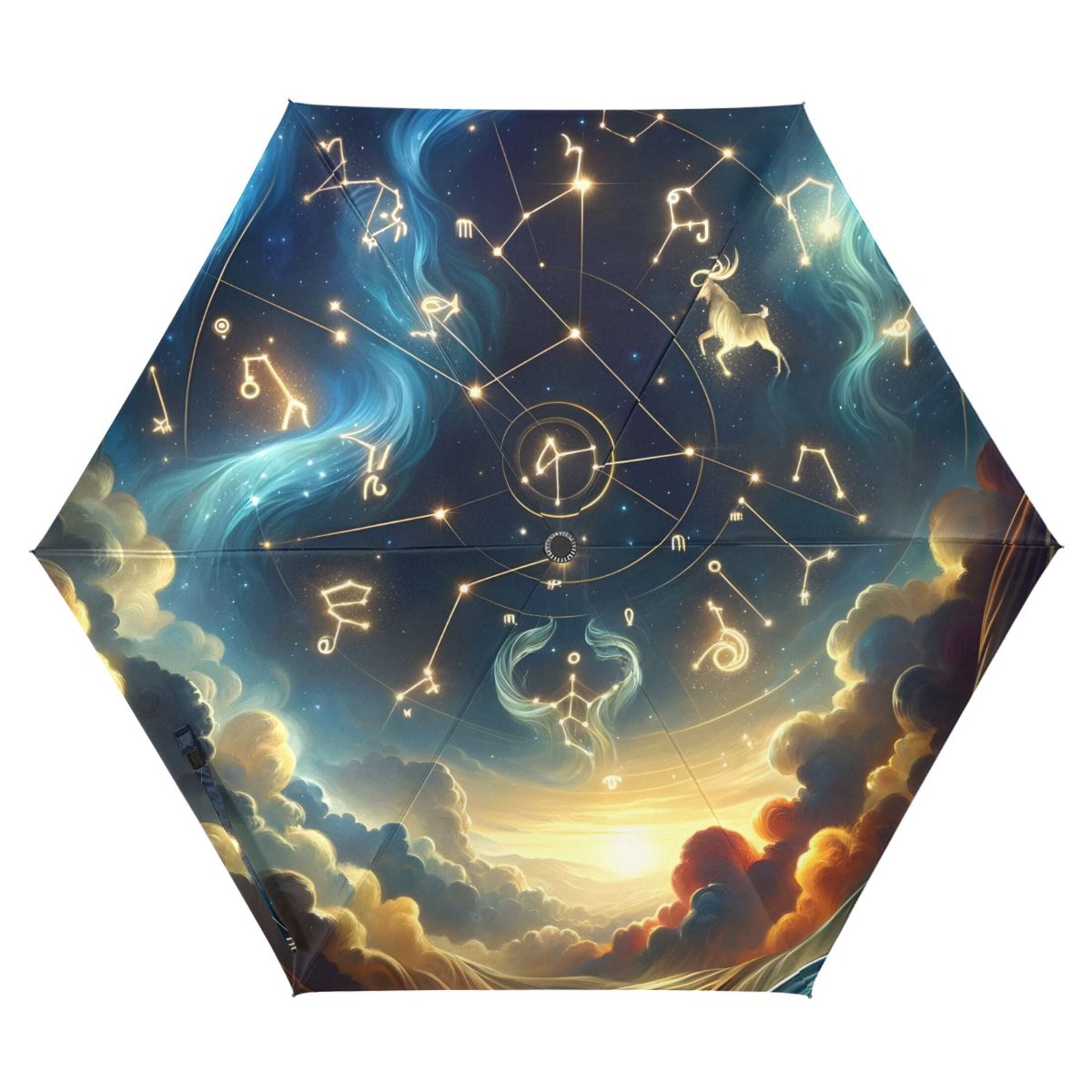 Twelve Zodiac Stars in Night Sky Compact Sun Umbrella Windproof Travel Umbrellas for Rain Strong Portable UV Protection