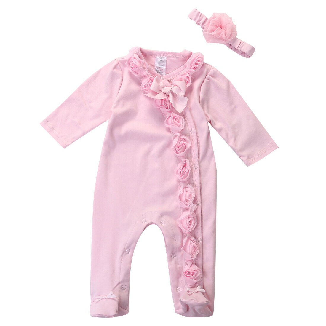 Newborn Infant Baby Girls Long Sleeve Floral Romper Jumpsuit+Headband Outfits