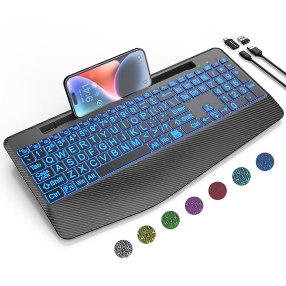 Wagpak 7 Colored Backlits Wireless Keyboard with Wrist Rest, Black, New